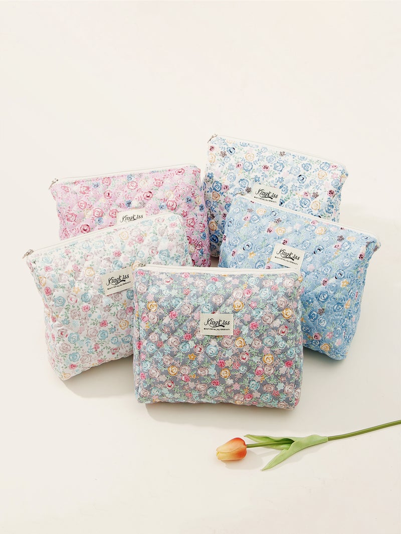 Ins Quilted Rose Flower Large Capacity Hand-Held Liner High-Value Cosmetic Bag Portable Storage Bag - Image 2